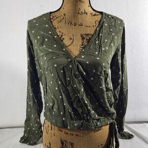 Eddie Bauer Womens Top Faux Wrap Surplice Neckline Star Print Olive Green XS